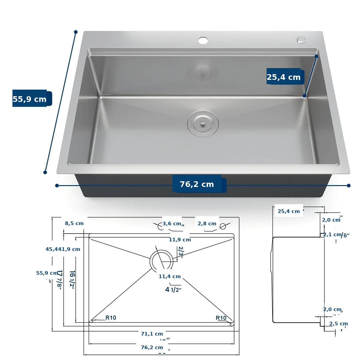 Garvee Lavello Cucina 76 cm Vasca Singola Acciaio Inox 16 Gauge Sistema Drenaggio Facile Finitura Nichel Spazzolato Accessori Completi Sottopiano