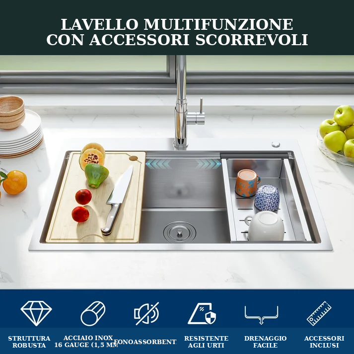 Garvee Lavello Cucina 76 cm Vasca Singola Acciaio Inox 16 Gauge Sistema Drenaggio Facile Finitura Nichel Spazzolato Accessori Completi Sottopiano