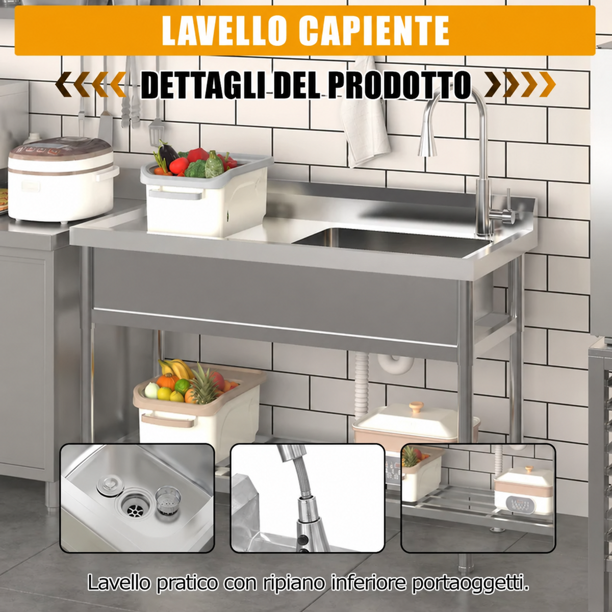 Garvee 120x51x92cm Lavello Professionale Autoportante in Acciaio Inox Robusto ad Alta Portata per Ristorazione e Cucina Industriale