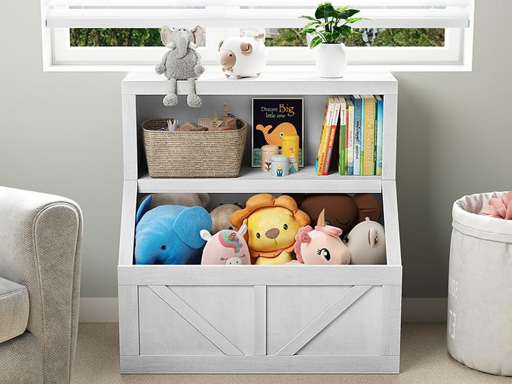 Libreria per bambini Garvee, organizer per giocattoli in legno con 2 scomparti e piano d'appoggio per sala giochi e cameretta, 31x16x32 pollici, legno naturale