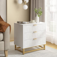 Cassettiera in legno Garvee bianca a 3 cassetti con maniglie in metallo dorato per camera da letto e soggiorno, moderna, robusta, MDF, stabile