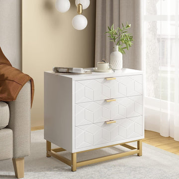Cassettiera in legno Garvee bianca a 3 cassetti con maniglie in metallo dorato per camera da letto e soggiorno, moderna, robusta, MDF, stabile
