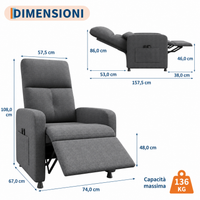 GARVEE Poltrona Relax Elettrica Reclinabile 105°–165° con Massaggio a 4 Punti, Riscaldamento Lombare, 2 Memorie e Poggiapiedi, Portata 180 kg, Grigio