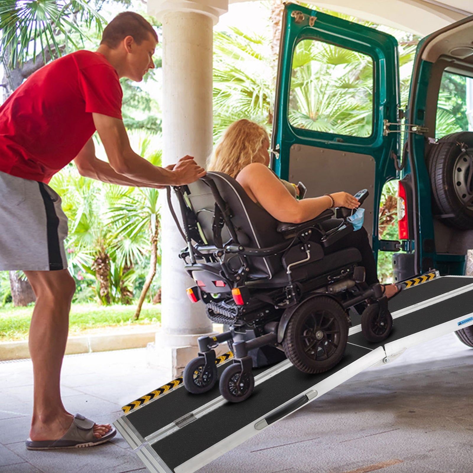 Rampa per sedia a rotelle in alluminio Garvee da 8 piedi con capacità di carico di 600 libbre, pieghevole, superficie antiscivolo per casa e auto, 96x28 cm, argento