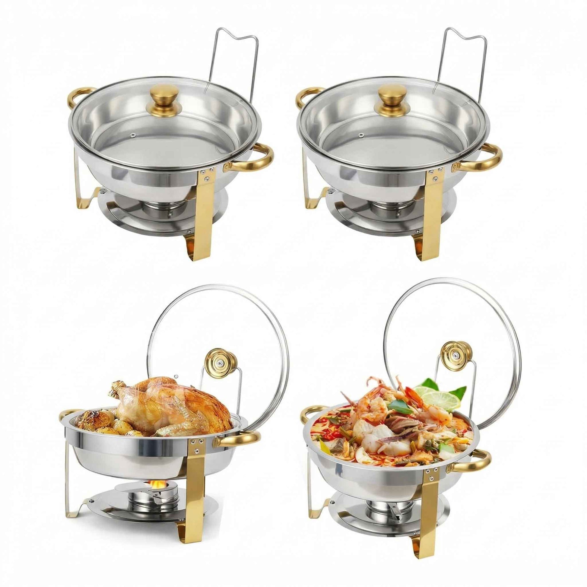 Set di scaldavivande Garvee, 4 pezzi, 4,7 Litri, acciaio inossidabile, coperchi in vetro con bordo dorato, controllo della temperatura, catering premium