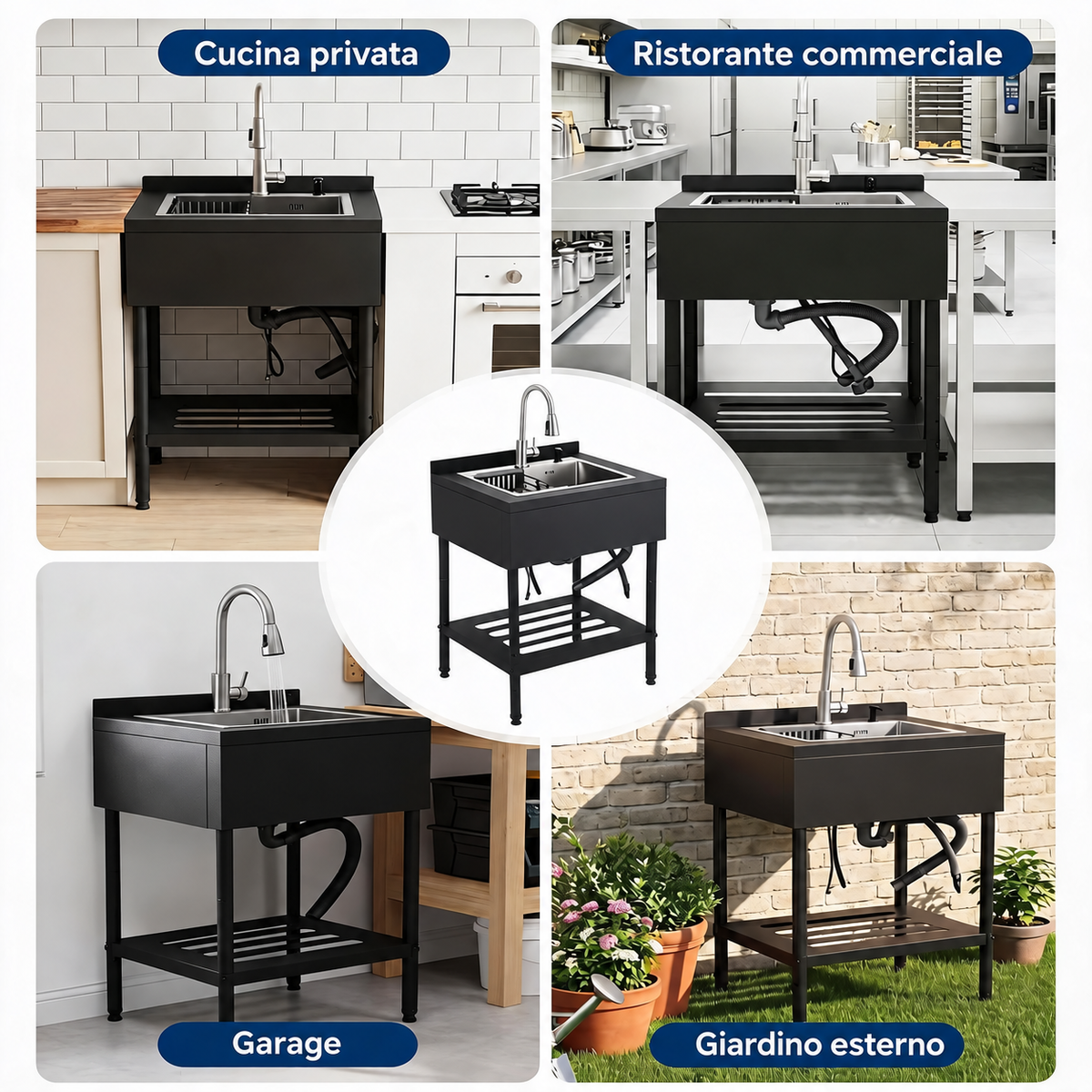 Lavello in acciaio inox Garvee 65x53x100 cm – Lavello singolo freestanding per cucina, lavanderia ed esterni – Struttura nera, vasca in acciaio inox