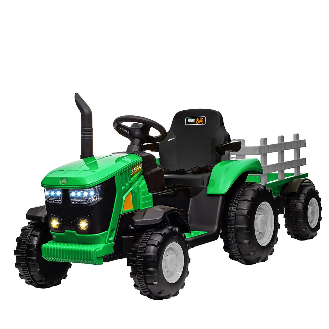 Trattore elettrico Garvee 12V con rimorchio per bambini, musica, clacson e funzioni USB, sicuro, staccabile, capacità 30 kg, colorato