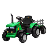 Trattore elettrico Garvee 12V con rimorchio per bambini, musica, clacson e funzioni USB, sicuro, staccabile, capacità 30 kg, colorato - Verde