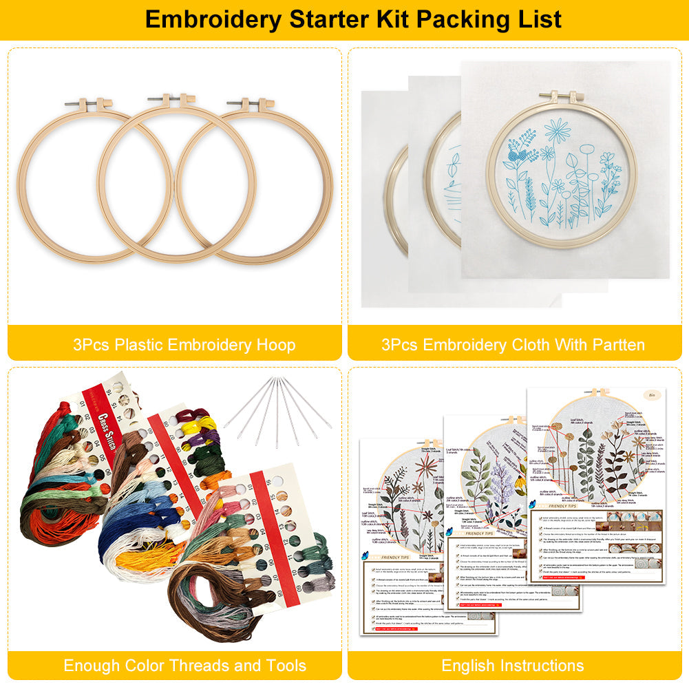 Kit da ricamo Garvee da 3 pezzi per principianti con motivi floreali, 3 telai da ricamo, istruzioni, forbici, punto croce, cotone, decorazione da salone