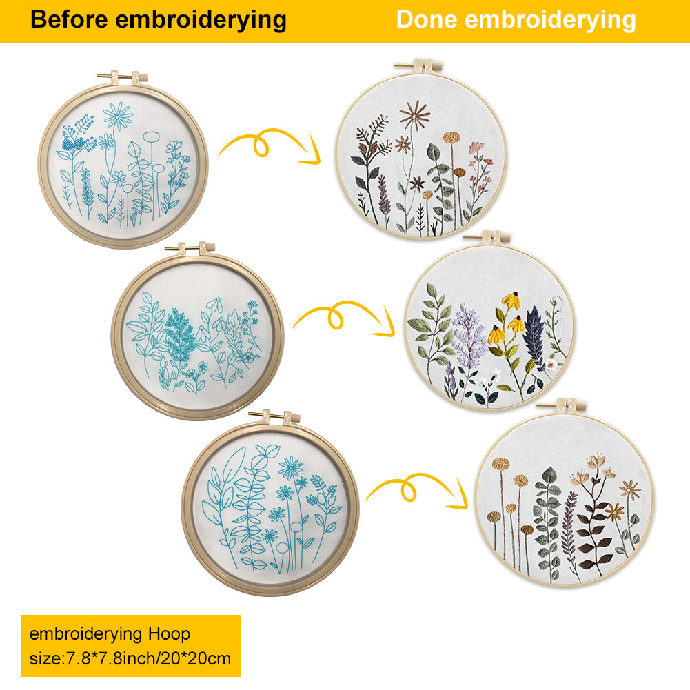 Kit da ricamo Garvee da 3 pezzi per principianti con motivi floreali, 3 telai da ricamo, istruzioni, forbici, punto croce, cotone, decorazione da salone