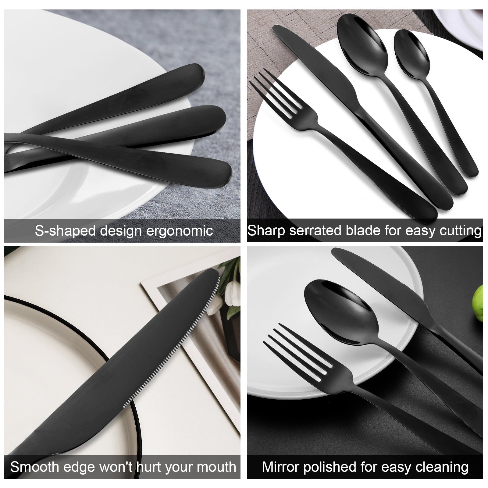 Set di posate Garvee in acciaio inox da 24 pezzi, nero, per 6 persone, design moderno, pasti quotidiani e speciali