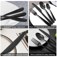 Set di posate Garvee in acciaio inox da 24 pezzi, nero, per 6 persone, design moderno, pasti quotidiani e speciali