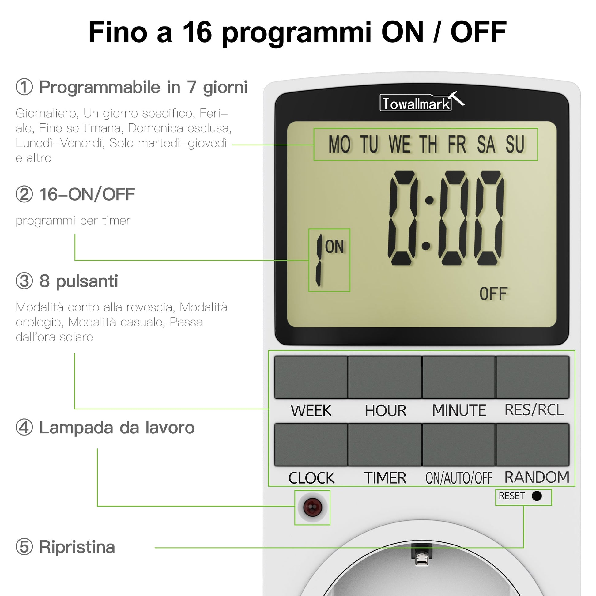 Garvee Interruttore timer digitale Presa programmabile per casa e ufficio 16 programmi di commutazione Display LCD 16A/3680W Elettronico