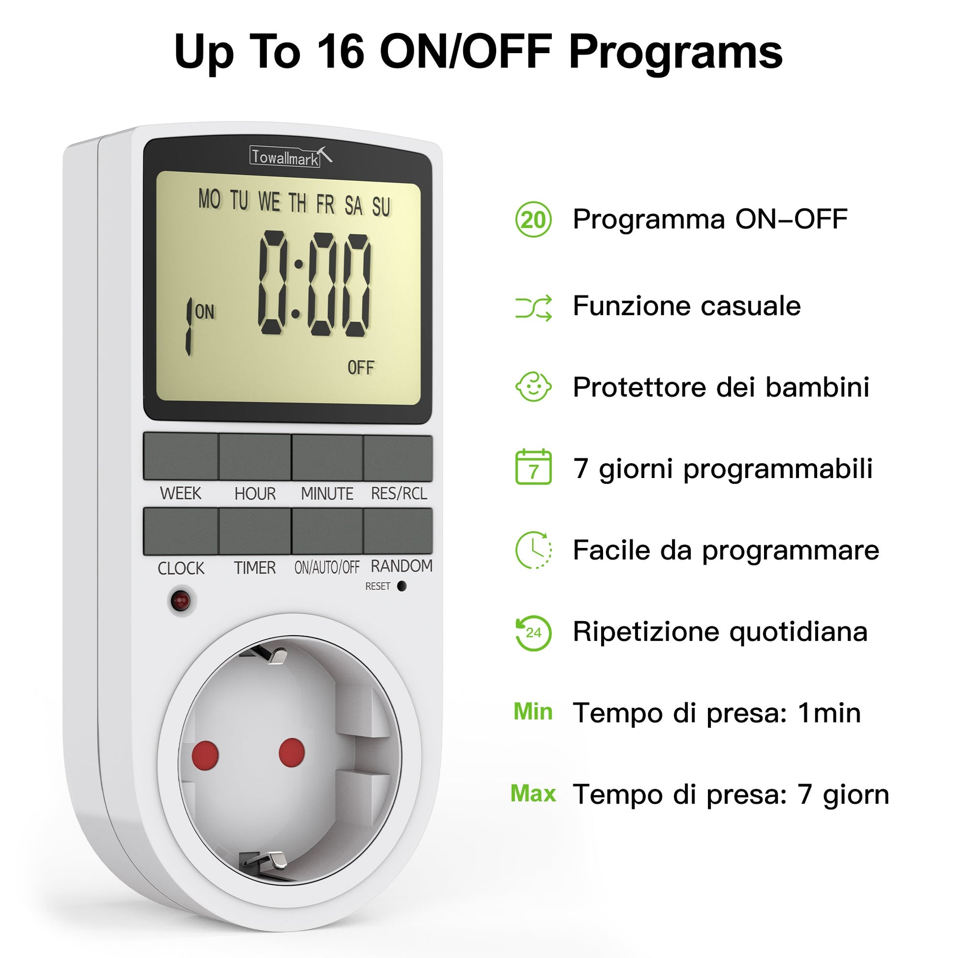Garvee Interruttore timer digitale Presa programmabile per casa e ufficio 16 programmi di commutazione Display LCD 16A/3680W Elettronico