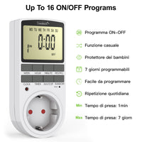 Garvee Interruttore timer digitale Presa programmabile per casa e ufficio 16 programmi di commutazione Display LCD 16A/3680W Elettronico
