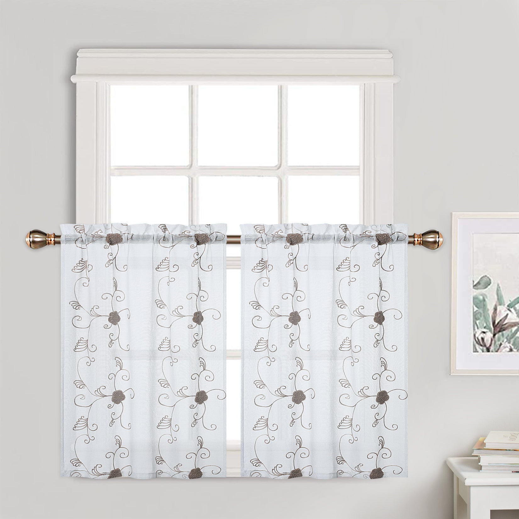 Tende trasparenti Garvee, tende da cucina bianche con ricamo tortora, motivo floreale, poliestere leggermente trasparente, 2 pannelli, 26"x36" per soggiorno, camera da letto, bar