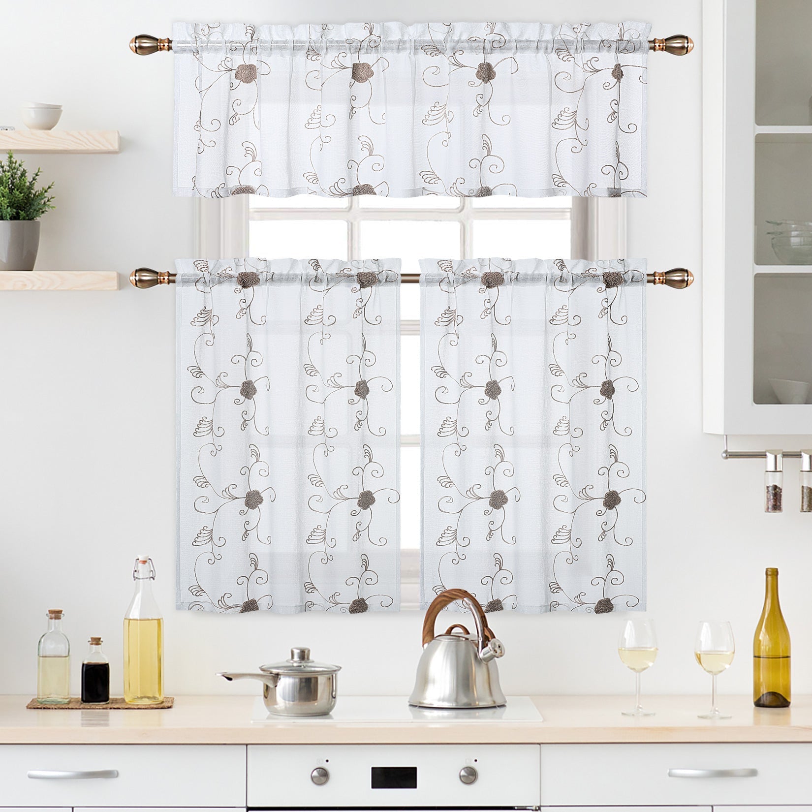 Tende trasparenti Garvee, tende da cucina bianche con ricamo tortora, motivo floreale, poliestere leggermente trasparente, 2 pannelli, 26"x36" per soggiorno, camera da letto, bar