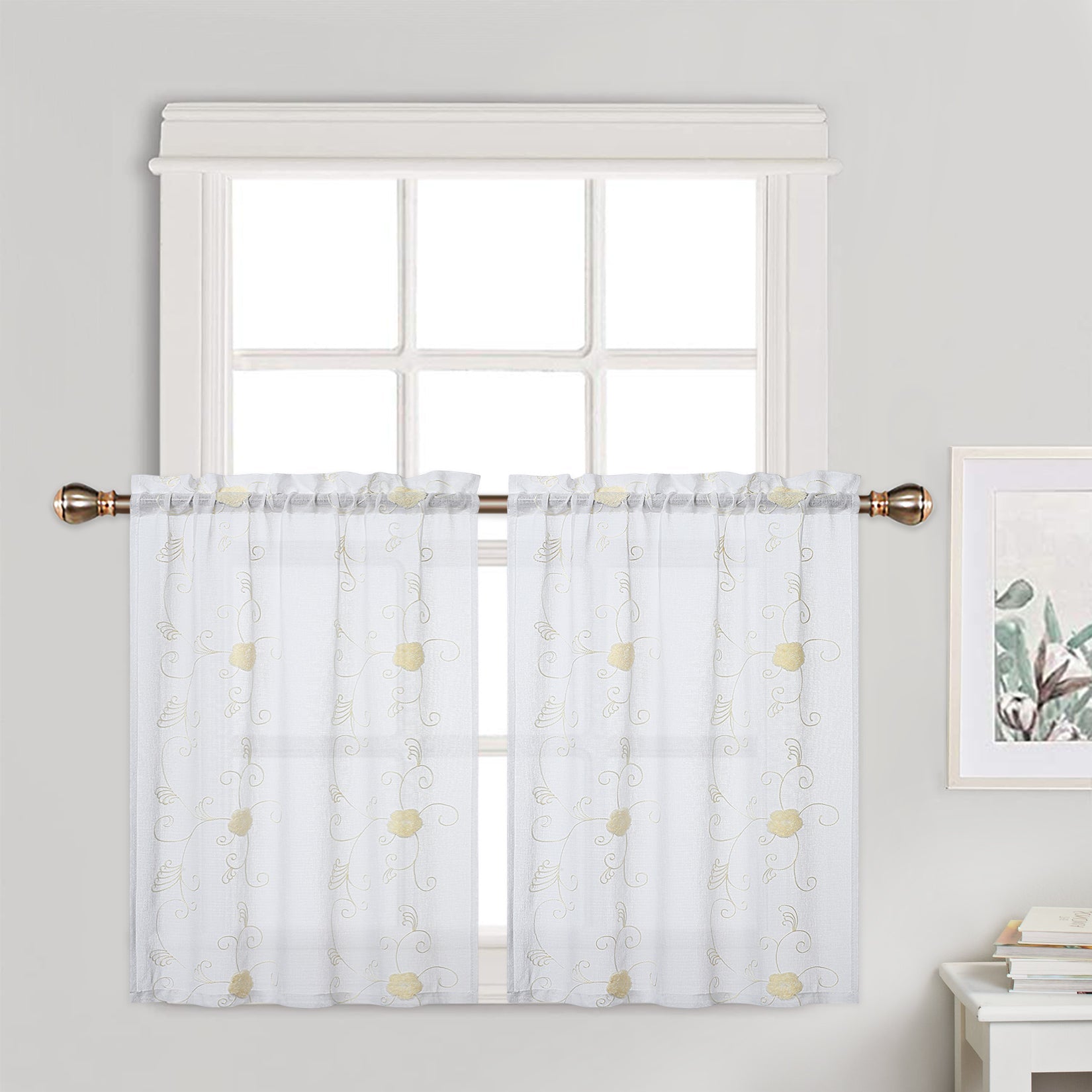 Garvee Tende Trasparenti Tende da Cucina Tende Corte Bianche Gialle Ricamate Tascabili Floreali 26''x24'' per Soggiorno e Camera da Letto