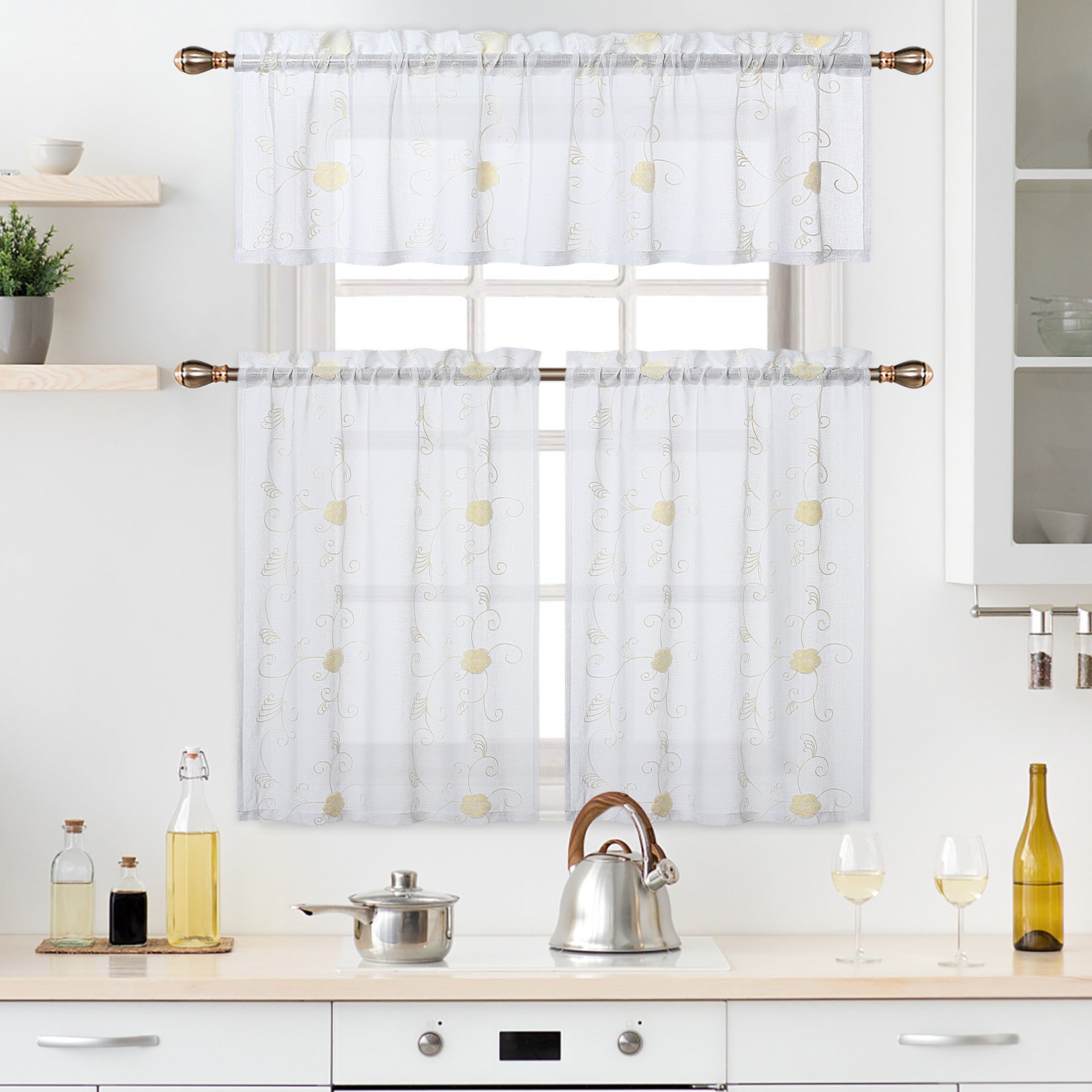 Garvee Tende Trasparenti Tende da Cucina Tende Corte Bianche Gialle Ricamate Tascabili Floreali 26''x24'' per Soggiorno e Camera da Letto