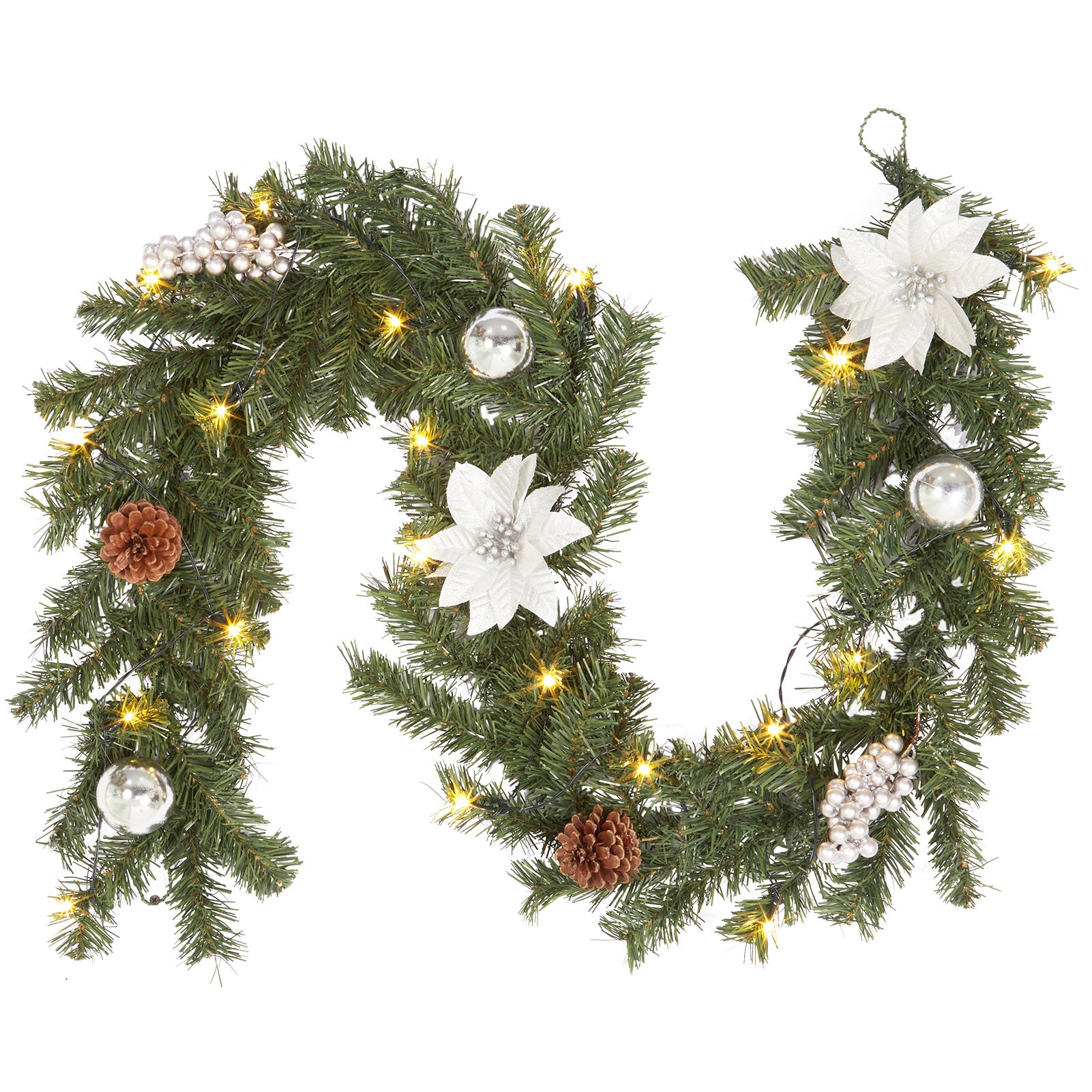 Garvee Ghirlanda Natalizia 6Ft con Luci LED a Batteria, Poinsettie e Palline, PVC Resistente, Decorazioni per Camino e Ringhiera, Interno ed Esterno