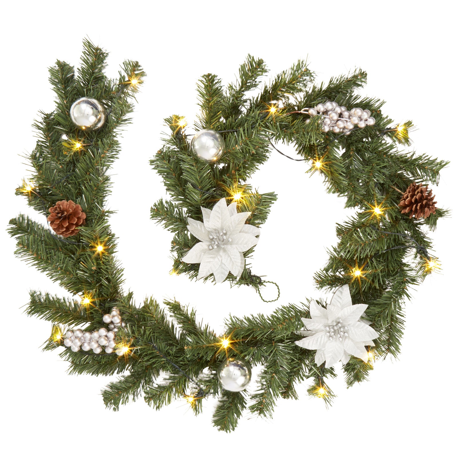 Garvee Ghirlanda Natalizia 6Ft con Luci LED a Batteria, Poinsettie e Palline, PVC Resistente, Decorazioni per Camino e Ringhiera, Interno ed Esterno