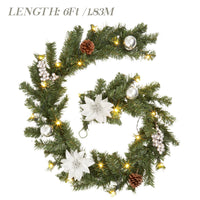 Ghirlanda natalizia Garvee con luci, 1,8 m, argento bianco, pigne, bacche, stella di Natale, a batteria, per uso interno ed esterno, camino e scale