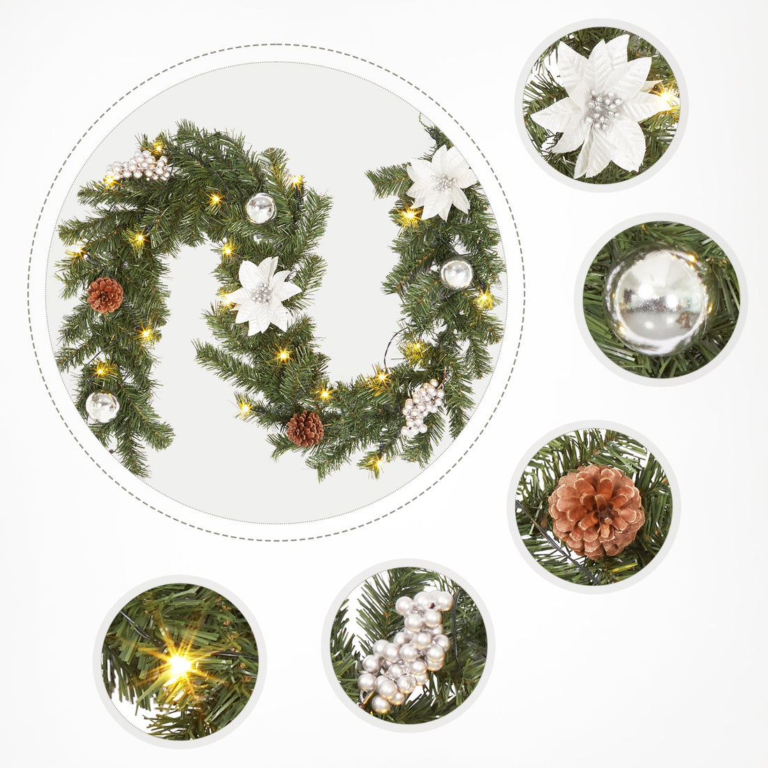 Ghirlanda natalizia Garvee con luci, 1,8 m, argento bianco, pigne, bacche, stella di Natale, a batteria, per uso interno ed esterno, camino e scale