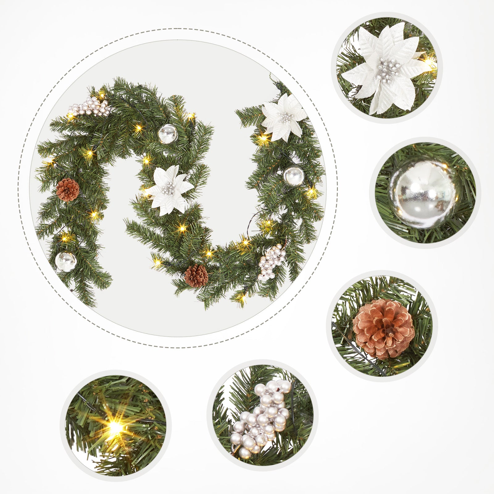 Garvee Ghirlanda Natalizia 6Ft con Luci LED a Batteria, Poinsettie e Palline, PVC Resistente, Decorazioni per Camino e Ringhiera, Interno ed Esterno