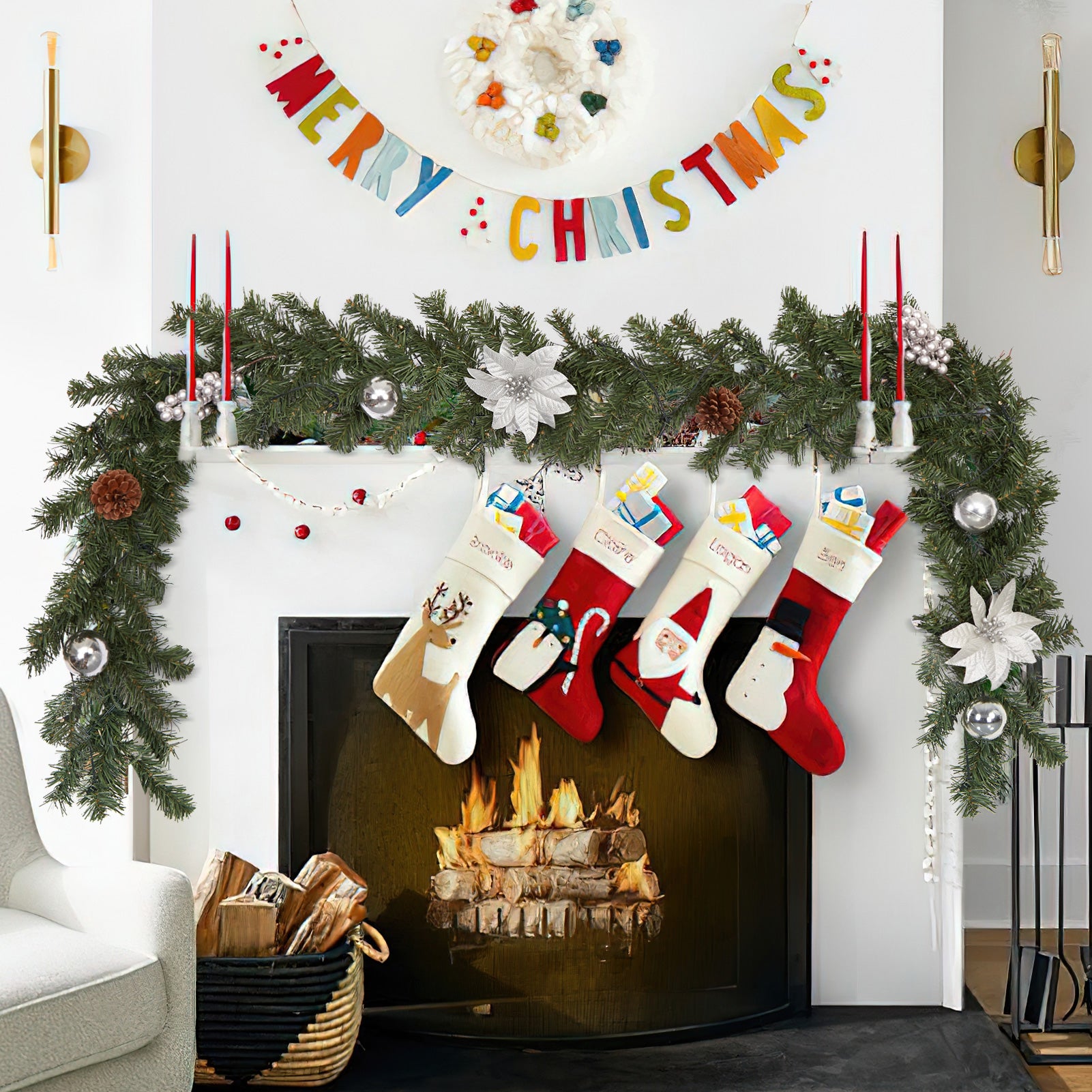 Garvee Ghirlanda Natalizia 6Ft con Luci LED a Batteria, Poinsettie e Palline, PVC Resistente, Decorazioni per Camino e Ringhiera, Interno ed Esterno