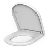 Sedile WC GARVEE con meccanismo di chiusura ammortizzata, forma a D, bianco, Duroplast e acciaio inossidabile, chiusura a sgancio rapido, facile da pulire