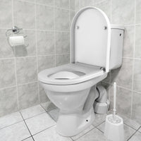 Sedile WC GARVEE con meccanismo di chiusura ammortizzata, forma a D, bianco, Duroplast e acciaio inossidabile, chiusura a sgancio rapido, facile da pulire