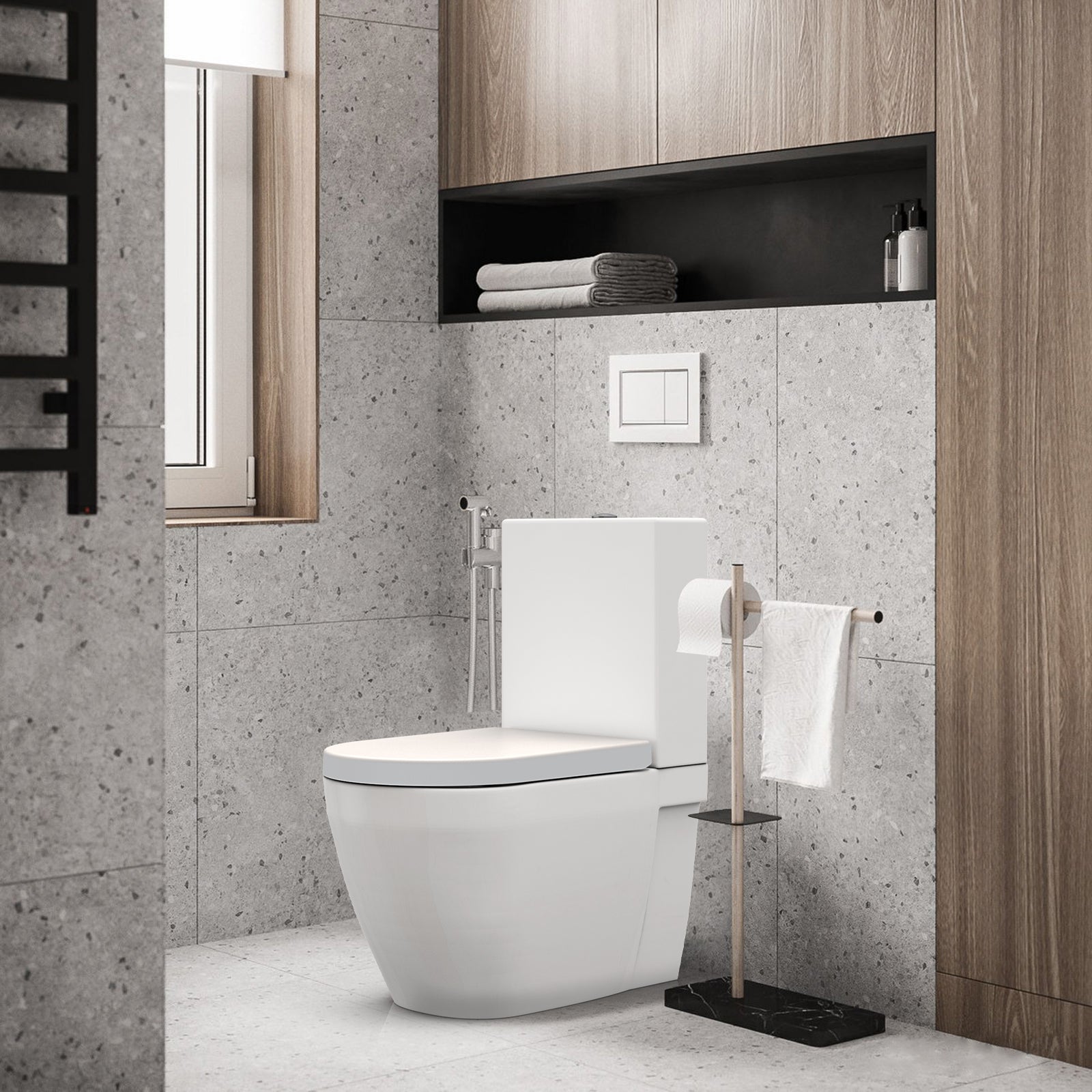 Sedile WC GARVEE con meccanismo di chiusura ammortizzata, forma a D, bianco, Duroplast e acciaio inossidabile, chiusura a sgancio rapido, facile da pulire