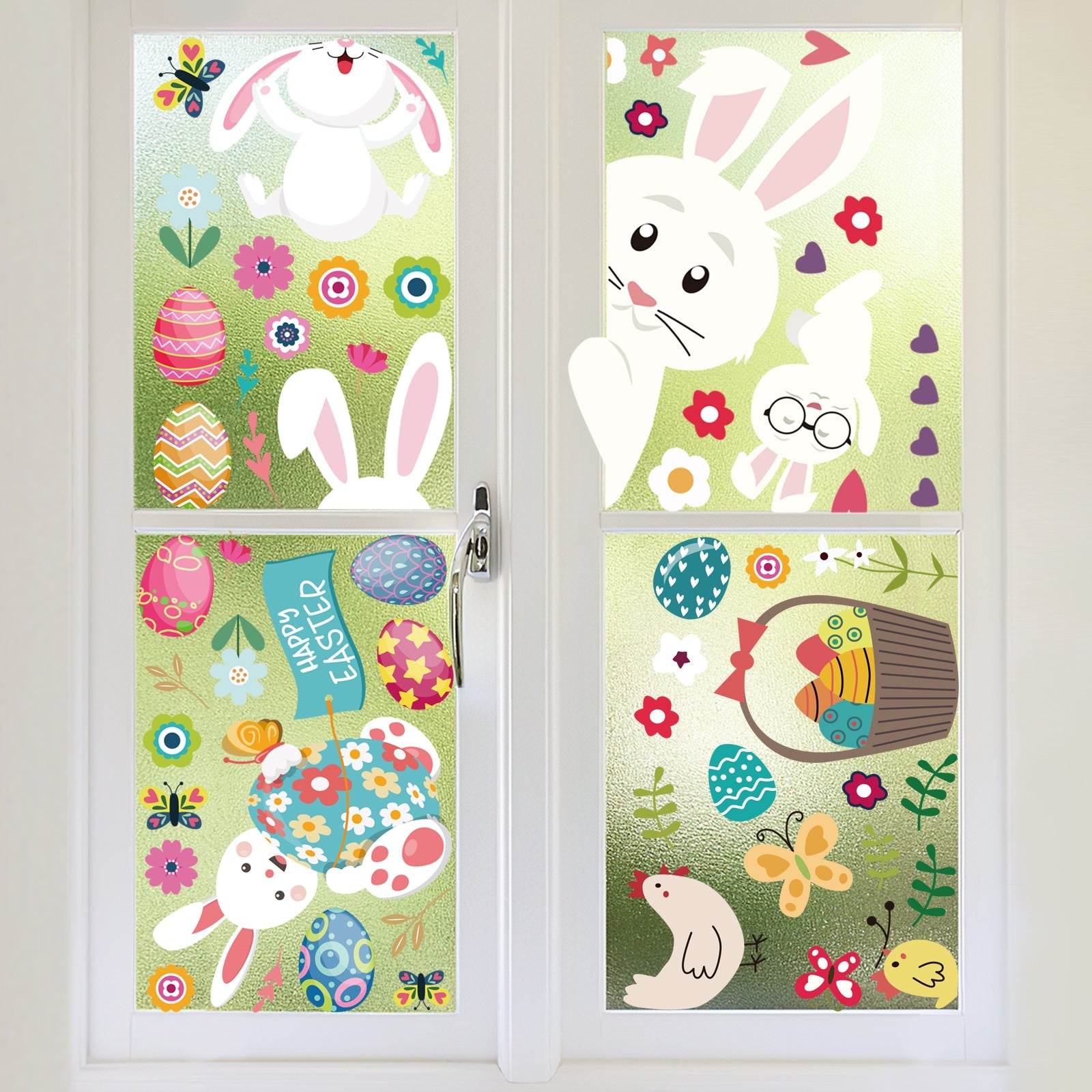 GARVEE Set di 9 adesivi per finestre pasquali - Coniglio, Uovo, Animali dei cartoni animati - PVC elettrostatico, riutilizzabile, impermeabile - Per soggiorno, bagno, cucina - 20x30 cm