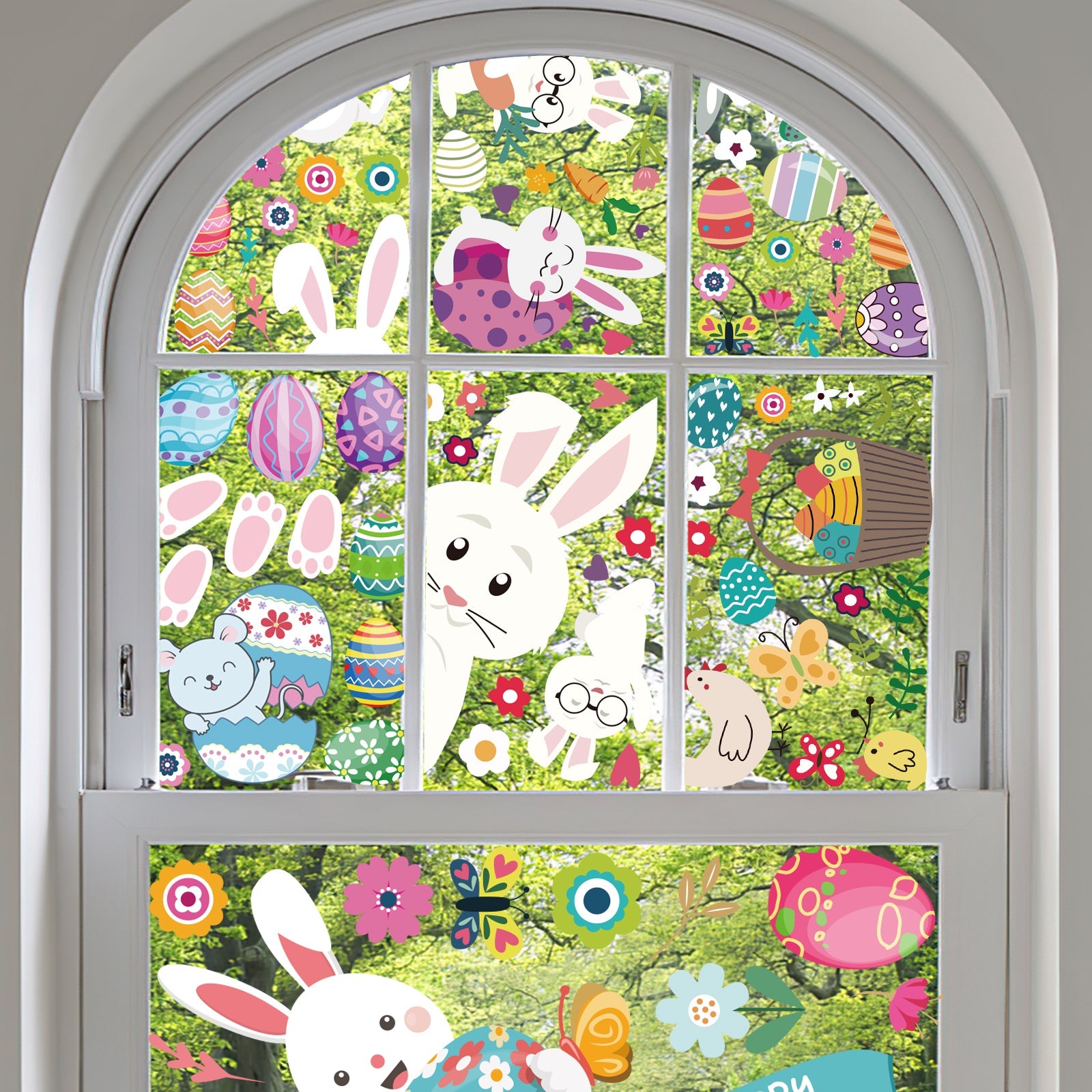 GARVEE Set di 9 adesivi per finestre pasquali - Coniglio, Uovo, Animali dei cartoni animati - PVC elettrostatico, riutilizzabile, impermeabile - Per soggiorno, bagno, cucina - 20x30 cm