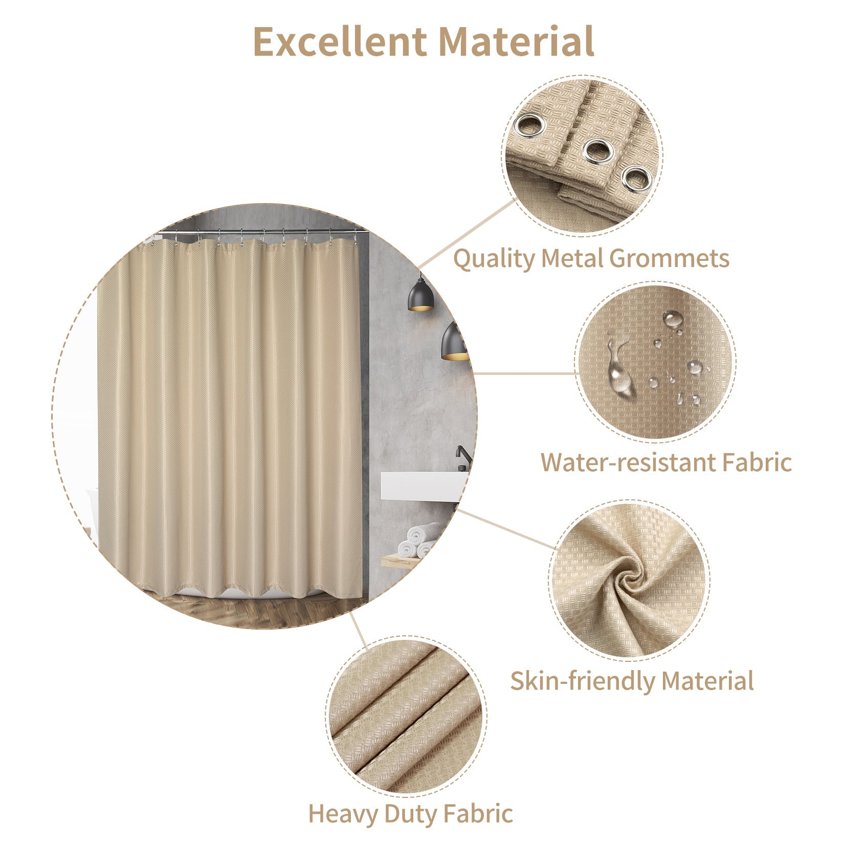 Tenda da doccia Garvee Waffle, impermeabile, resistente, in poliestere, color talpa, per spa, di lusso, 182 x 182 cm, per bagno