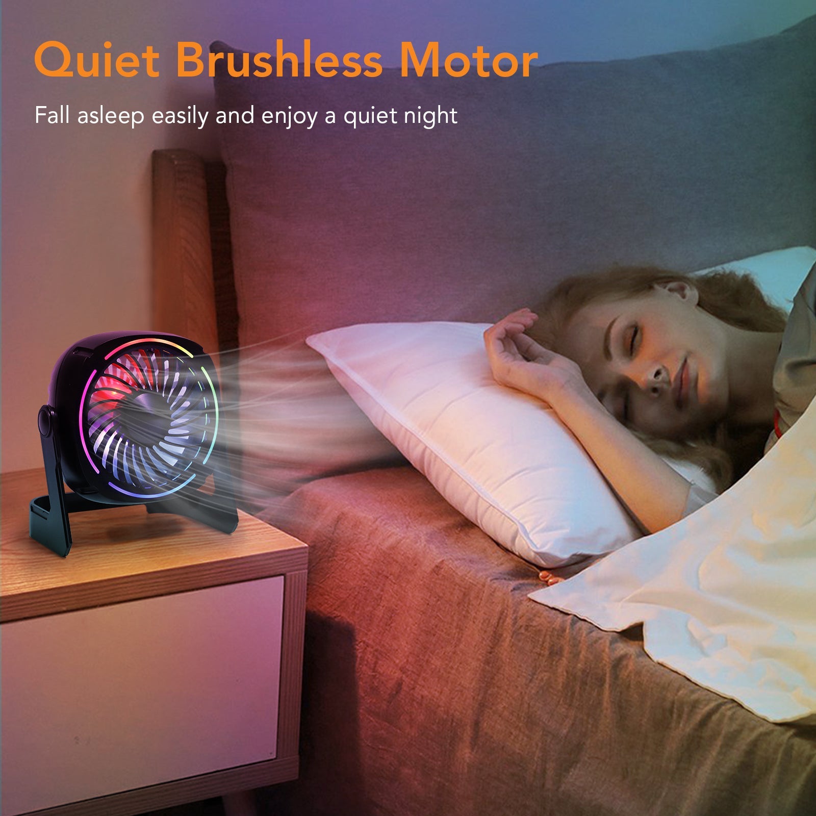 Ventilatore da tavolo USB GARVEE RGB Piccolo Φ15cm Mini ventilatore USB silenzioso 8 modalità di luce 3 velocità Rotazione di 360° Cavo da 152 cm Portatile