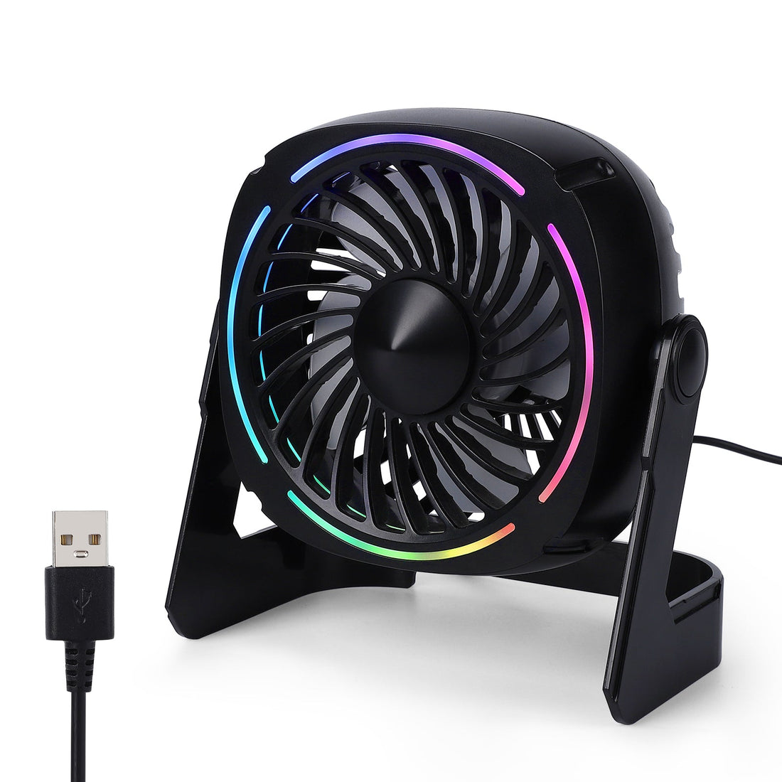 Ventilatore da tavolo USB GARVEE RGB Piccolo Φ15cm Mini ventilatore USB silenzioso 8 modalità di luce 3 velocità Rotazione di 360° Cavo da 152 cm Portatile