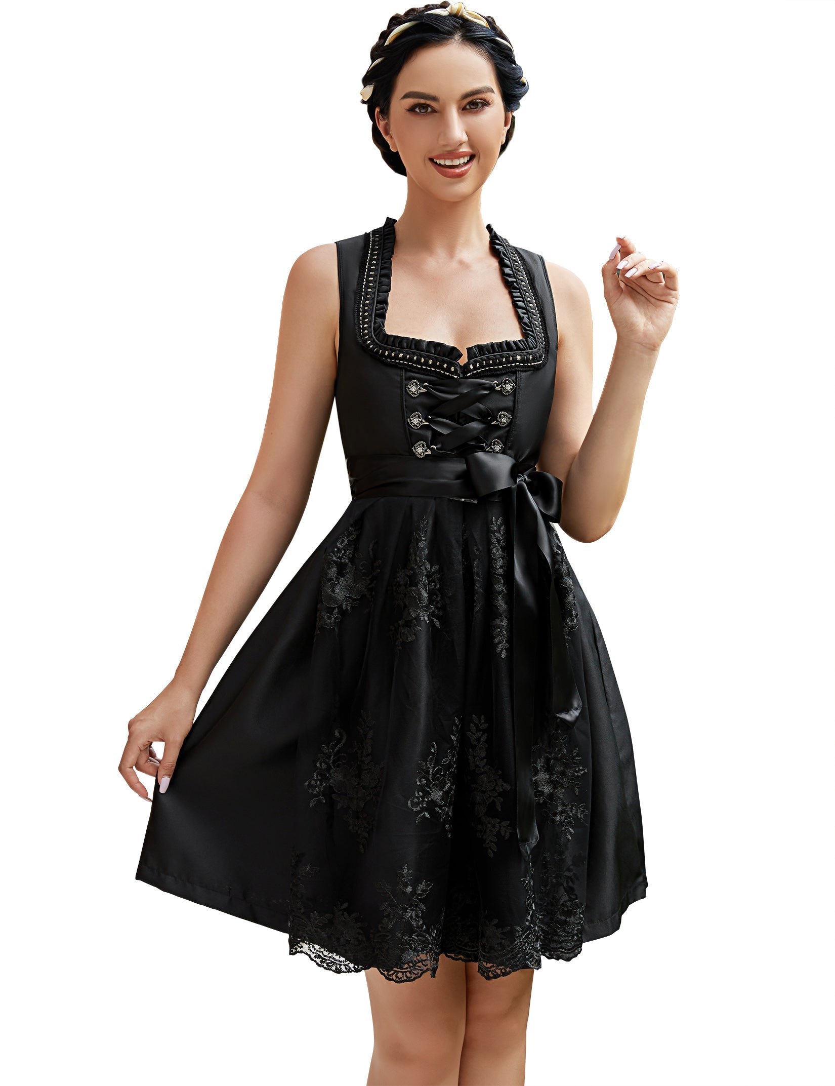 Abito tradizionale da donna Garvee Dirndl in due pezzi, lunghezza media con grembiule in pizzo, adatto per l'Oktoberfest, nero, qualità premium, taglia 34
