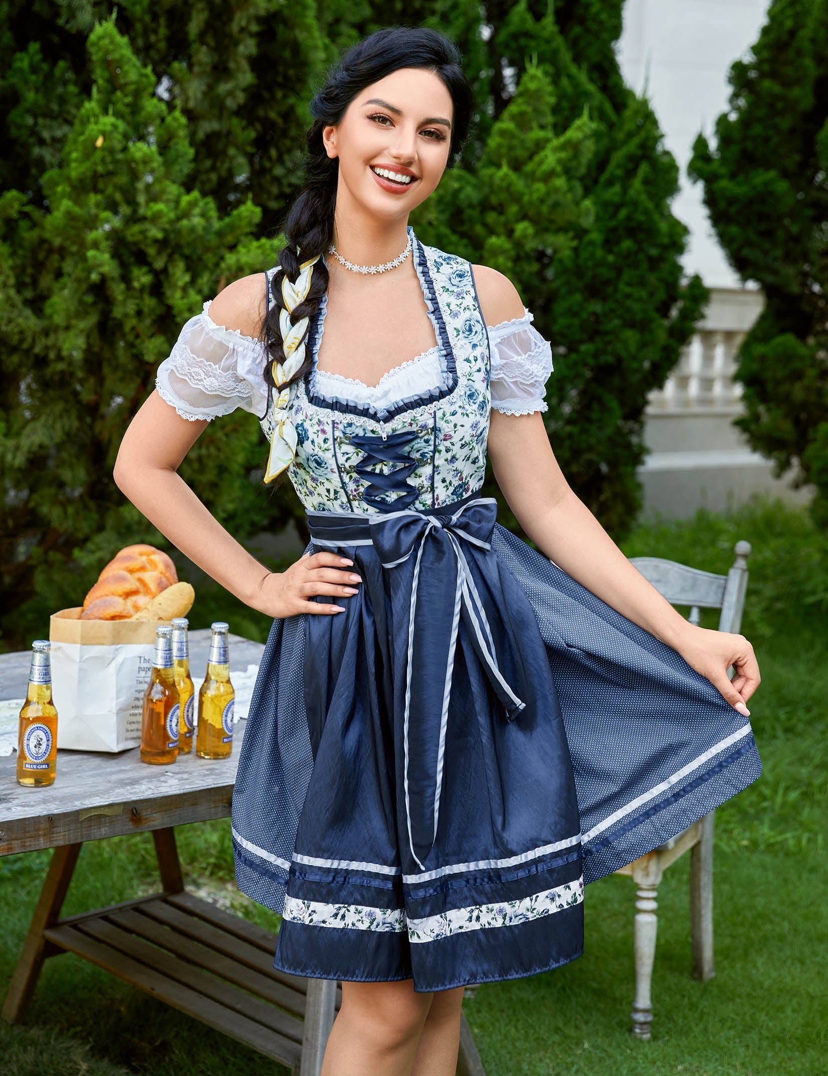 Abito tradizionale Dirndl corto Garvee, set da 3 pezzi per l'Oktoberfest, blu scuro, taglia 34