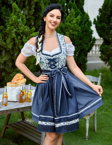 Abito tradizionale Dirndl corto Garvee, set da 3 pezzi per l'Oktoberfest, blu scuro, taglia 34