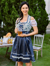 Abito tradizionale Dirndl corto Garvee, set da 3 pezzi per l'Oktoberfest, blu scuro, taglia 34