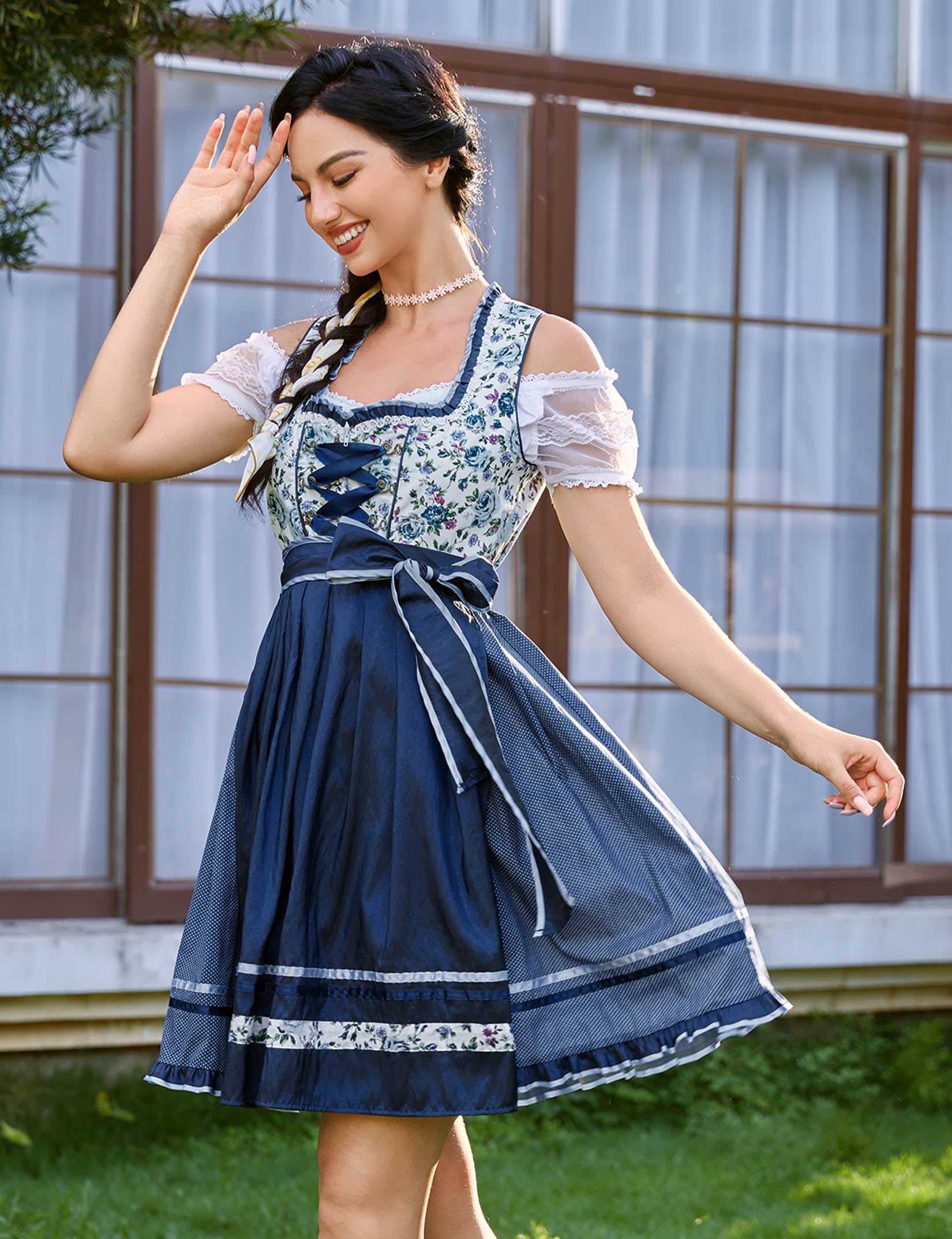 Abito tradizionale Dirndl corto Garvee, set da 3 pezzi per l'Oktoberfest, blu scuro, taglia 34