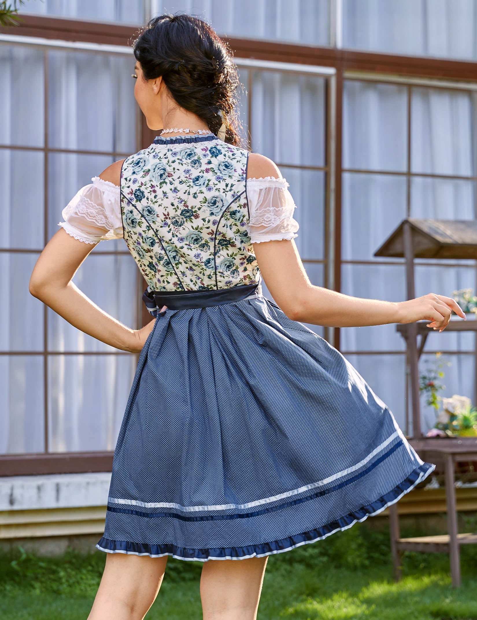Abito tradizionale Dirndl corto Garvee, set da 3 pezzi per l'Oktoberfest, blu scuro, taglia 34