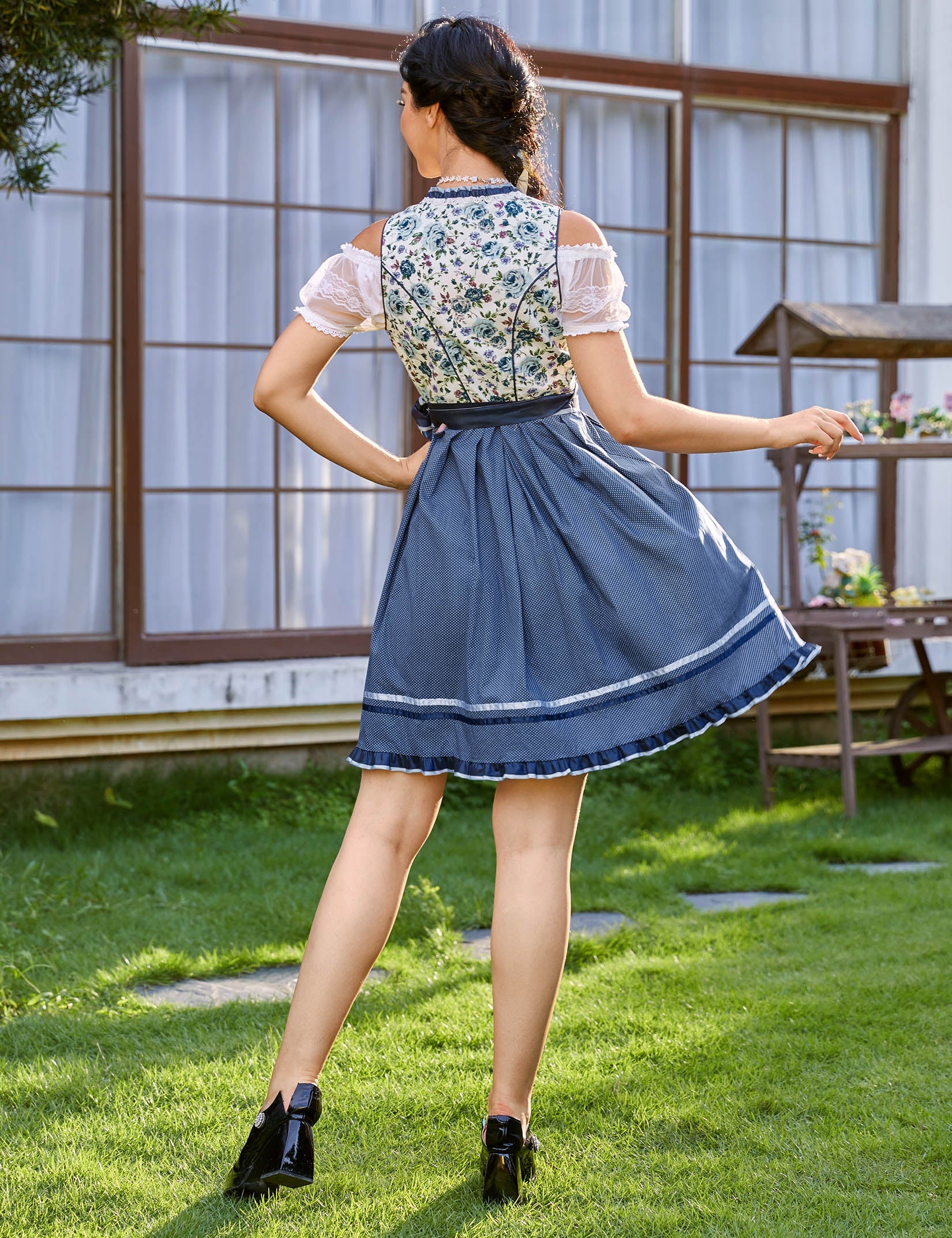 Abito tradizionale Dirndl corto Garvee, set da 3 pezzi per l'Oktoberfest, blu scuro, taglia 34