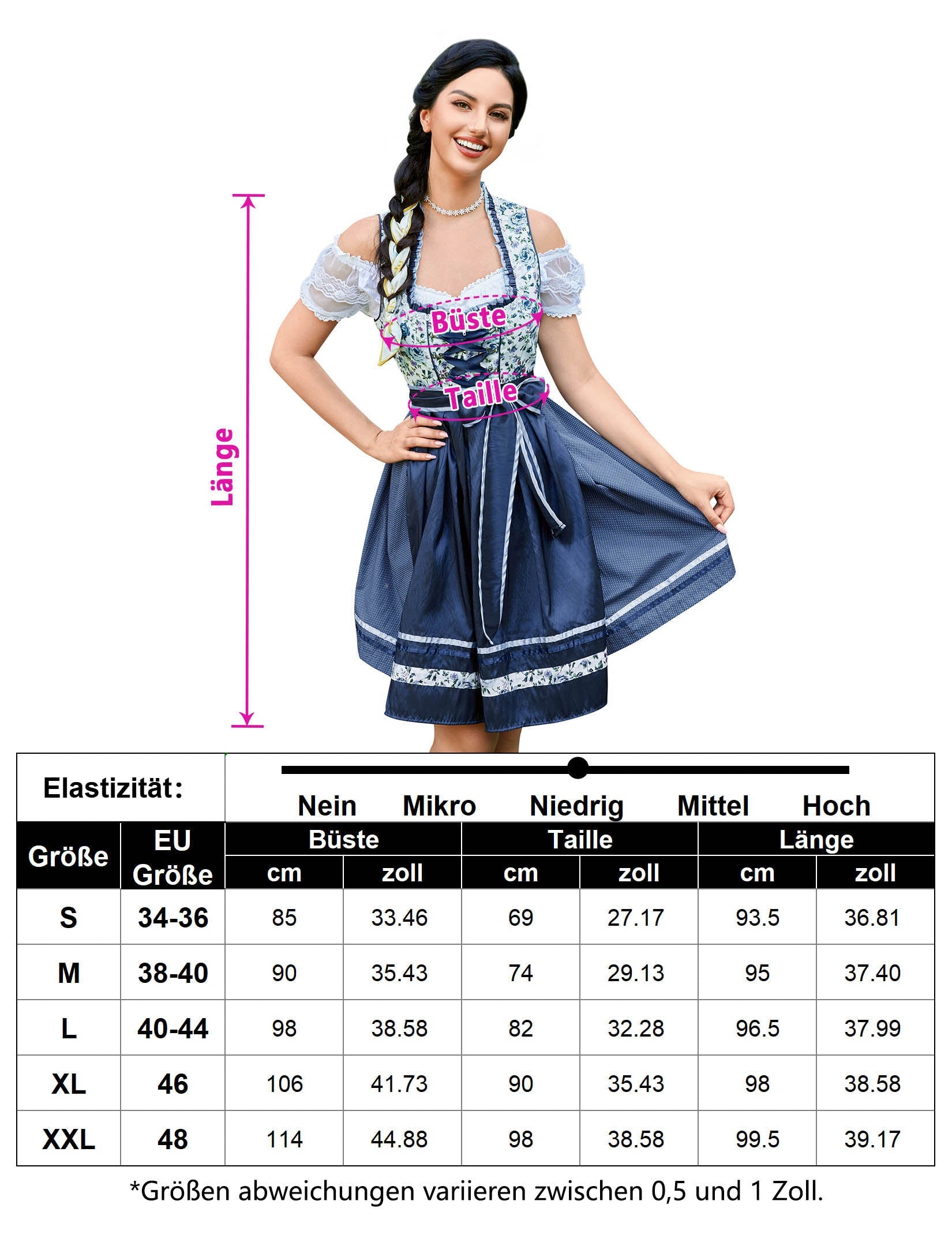 Abito tradizionale Dirndl corto Garvee, set da 3 pezzi per l'Oktoberfest, blu scuro, taglia 34