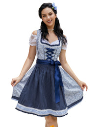 Garvee Dirndl tradizionale da donna, abito con gonna midi, camicetta e grembiule, motivo floreale, blu
