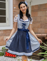 Garvee Dirndl tradizionale da donna, abito con gonna midi, camicetta e grembiule, motivo floreale, blu