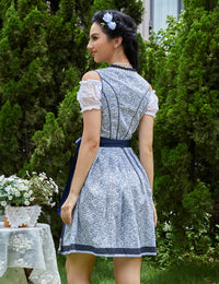 Garvee Dirndl tradizionale da donna, abito con gonna midi, camicetta e grembiule, motivo floreale, blu