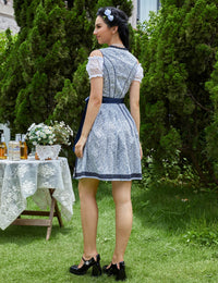 Garvee Dirndl tradizionale da donna, abito con gonna midi, camicetta e grembiule, motivo floreale, blu