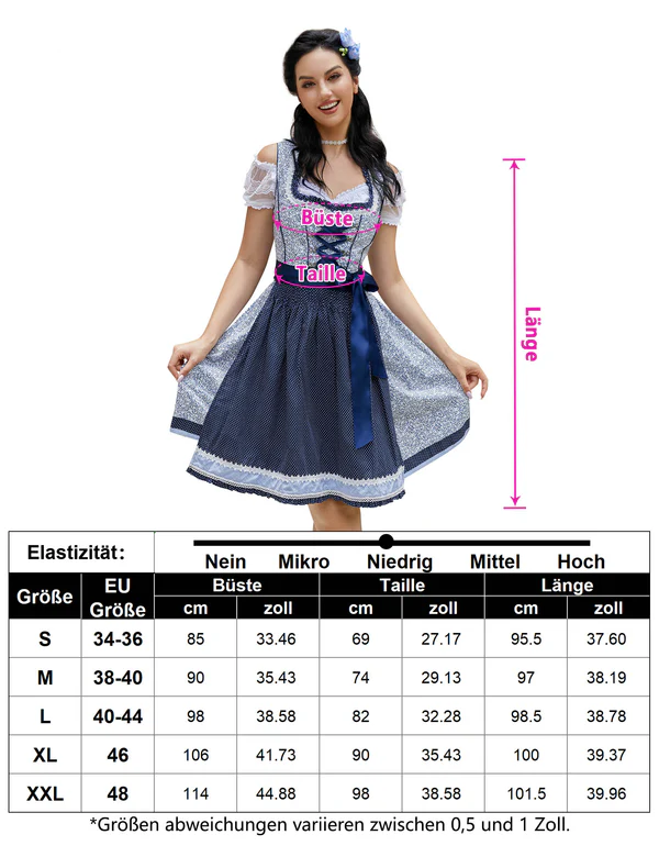 Garvee Dirndl tradizionale da donna, abito con gonna midi, camicetta e grembiule, motivo floreale, blu
